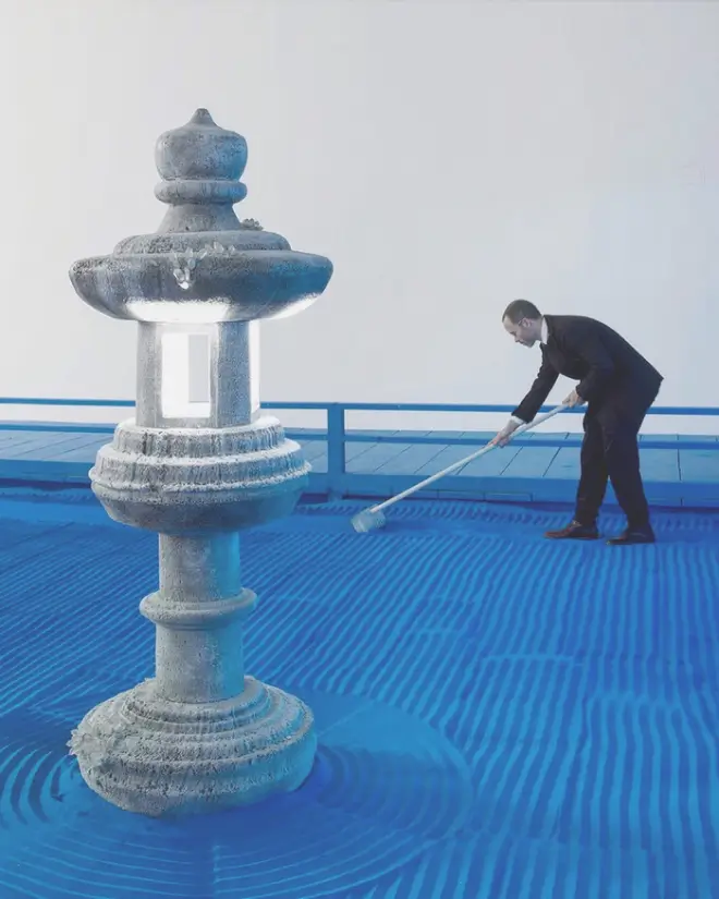 Blue zen garden with stone lantern